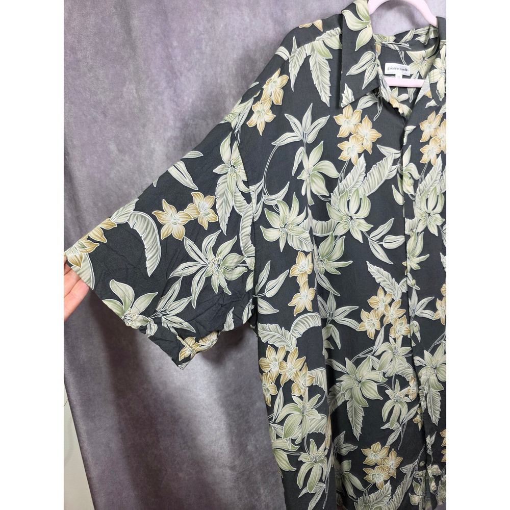 Pierre Cardin Mens 3X Tropical Floral Rayon Button Down Shirt Black Sage Green - Picture 4 of 7